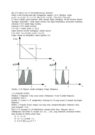 jika a<b, maka C (a)  C (b) (nonincreasing monoton)
simbol a dan b berada pada nilai keanggotaan anggota x di A. Misalnya, ketika
μA (x) = α , μA (y) = b, x, y є X, jika μA (x) < μA (y) , C(μA (x)) ≥ C(μA (y))
C1 dan C2 adalah syarat mendasar untuk menjadi fungsi pelengkap. Ini dua aksioma disebut
"kerangka aksiomatik". Untuk tujuan tertentu, kita dapat memasukkan persyaratan tambahan,
(Aksioma C3) C adalah fungsi kontinu.
(Aksioma C4) C adalah involutif.
C (C (a)) = a untuk semua a  [0,1]
empat aksioma tersebut melengkapi standar operasi
C ( A(x))= 1-μA (x) atau -A(x)= 1-A (x)
Fungsi standar ini ditampilkan dalam (gambar.1.6).
Gambar. (1.6): Ilustrasi standar pelengkap Fungsi Himpunan.
1.3.2 PARTISI FUZZY
Misalkan A himpunan Crisp secara umum di himpunan X dan Ᾱ adalah himpunan
komplemen dari A.
Kondisi A   dan A  𝑋̃ menghasilkan beberapa (A, Ᾱ) yang terurai X menjadi dua bagian
himpunan.
Definisi 1.9 (partisi Fuzzy) dengan cara yang sama, mempertimbangkan himpunan fuzzy
yang memenuhi A 
Dan A  𝑋̃ pasangan (A, Ᾱ) didefinisikan sebagai partisi fuzzy. Biasanya, jika m
subhimpunan dari dalam X, m-tuple (A1, A2, ..., An) , yang memenuhi persamaan berikut,
maka Kondisi ini disebut partisi fuzzy.
a) i, Ai  
b) Ai Aj =  untuk i  j
c) ∀ 𝑥∈ 𝑋, ∑ 𝜇 𝐴𝑖
( 𝑥) = 1𝑚
𝑖=1
 