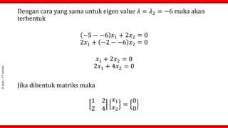 ©
putu
–
FT
untirta
Dengan cara yang sama untuk eigen value 𝜆 = 𝜆2 = −6 maka akan
terbentuk
−5 − −6 𝑥1 + 2𝑥2 = 0
2𝑥1 + −2 − −6 𝑥2 = 0
𝑥1 + 2𝑥2 = 0
2𝑥1 + 4𝑥2 = 0
Jika dibentuk matriks maka
1 2
2 4
𝑥1
𝑥2
=
0
0
 
