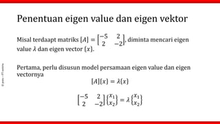 ©
putu
–
FT
untirta
Penentuan eigen value dan eigen vektor
Misal terdaapt matriks 𝐴 =
−5 2
2 −2
, diminta mencari eigen
value 𝜆 dan eigen vector 𝑥 .
Pertama, perlu disusun model persamaan eigen value dan eigen
vectornya
𝐴 𝑥 = 𝜆 𝑥
−5 2
2 −2
𝑥1
𝑥2
= 𝜆
𝑥1
𝑥2
 
