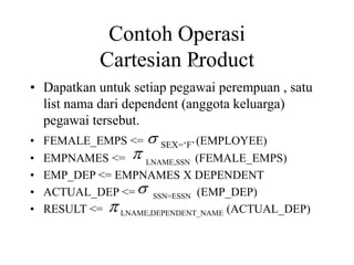 Contoh Operasi
Cartesian Product
• Dapatkan untuk setiap pegawai perempuan , satu
list nama dari dependent (anggota keluarga)
pegawai tersebut.
• FEMALE_EMPS <= SEX=‘F’ (EMPLOYEE)
• EMPNAMES <= LNAME,SSN (FEMALE_EMPS)
• EMP_DEP <= EMPNAMES X DEPENDENT
• ACTUAL_DEP <= SSN=ESSN (EMP_DEP)
• RESULT <= LNAME,DEPENDENT_NAME (ACTUAL_DEP)





 