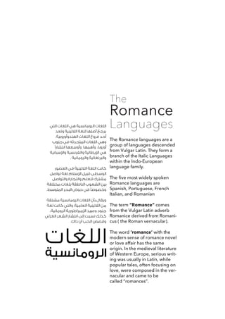‫التي‬ ‫اللغات‬ ‫هي‬ ‫الرومانسية‬ ‫اللغات‬
‫وتعد‬ ‫الالتينية‬ ‫للغة‬ ‫أصلها‬ ‫يرجع‬
.‫الهندوأوروبية‬ ‫اللغات‬ ‫فروع‬ ‫أحد‬
‫جنوب‬ ‫في‬ ‫المتحدثه‬ ‫اللغات‬ ‫وهي‬
‫انتشارًا‬ ‫وأوسعها‬ ‫وأهمها‬ ،‫أوروبا‬
‫واإلسبانية‬ ‫والفرنسية‬ ‫اإليطالية‬ ‫هي‬
‫ن‬. ‫والرومانية‬ ‫والبرتغالية‬
‫العصور‬ ‫في‬ ‫الالتينية‬ ‫اللغة‬ ‫كانت‬
‫تواصل‬ ‫لغة‬ ‫اإلسالم‬ ‫قبيل‬ ‫الوسطى‬
‫والتواصل‬ ‫والتجارة‬ ‫للعلم‬ ‫مشترك‬
‫مختلفة‬ ‫بلغات‬ ‫الناطقة‬ ‫الشعوب‬ ‫بين‬
‫ط‬.‫المتوسط‬ ‫البحر‬ ‫حوض‬ ‫في‬ ‫وخصوصًا‬
‫مشتقة‬ ‫الرومانسية‬ ‫اللغات‬ ‫بأن‬ ‫ويقال‬
‫لغة‬ ‫كانت‬ ‫والتي‬ ،‫العامية‬ ‫الالتينية‬ ‫من‬
،‫الرومانية‬ ‫اإلمبراطورية‬ ‫وعبيد‬ ‫جنود‬
‫الغزلي‬ ‫الشعر‬ ‫انتشار‬ ‫إلى‬ ‫نسبت‬ ‫كذلك‬
‫ط‬.‫ذاك‬ ‫آن‬ ‫الحب‬ ‫وقصص‬
‫اللغات‬
‫الرومانسية‬
The Romance languages are a
group of languages descended
from Vulgar Latin. They form a
branch of the Italic Languages
within the Indo-European
language family.
The five most widely spoken
Romance languages are
Spanish, Portuguese, French
Italian, and Romanian
The term “Romance” comes
from the Vulgar Latin adverb
Romanice derived from Romani-
cus ( the Roman vernacular).
The word ‘romance’ with the
modern sense of romance novel
or love affair has the same
origin. In the medieval literature
of Western Europe, serious writ-
ing was usually in Latin, while
popular tales, often focusing on
love, were composed in the ver-
nacular and came to be
called “romances”.
The
Romance
Languages
 