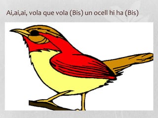 Ai,ai,ai, vola que vola (Bis) un ocell hi ha (Bis)
 