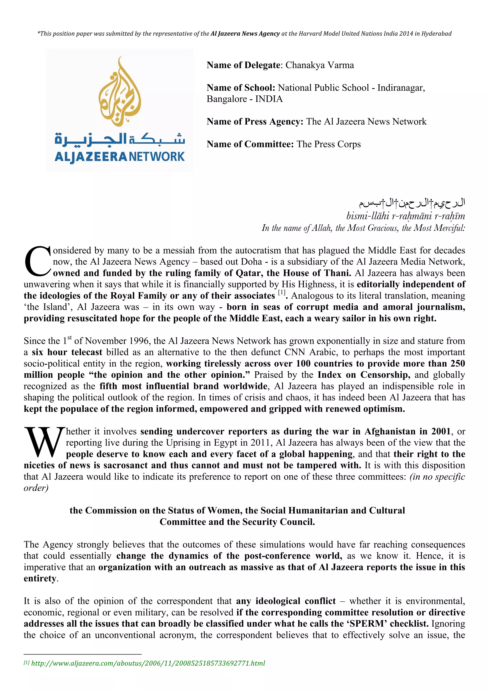 Harvard MUN India '14: Press Corps - Al Jazeera Position Paper | PDF