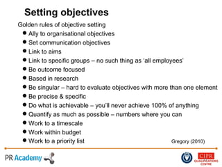 21
Setting objectives
Golden rules of objective setting
Ally to organisational objectives
Set communication objectives
Link to aims
Link to specific groups – no such thing as ‘all employees’
Be outcome focused
Based in research
Be singular – hard to evaluate objectives with more than one element
Be precise & specific
Do what is achievable – you’ll never achieve 100% of anything
Quantify as much as possible – numbers where you can
Work to a timescale
Work within budget
Work to a priority list Gregory (2010)
 