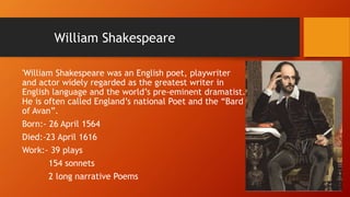 William Shakespeare
'William Shakespeare was an English poet, playwriter
and actor widely regarded as the greatest writer in
English language and the world’s pre-eminent dramatist.
He is often called England’s national Poet and the “Bard
of Avan”.
Born:- 26 April 1564
Died:-23 April 1616
Work:- 39 plays
154 sonnets
2 long narrative Poems
 