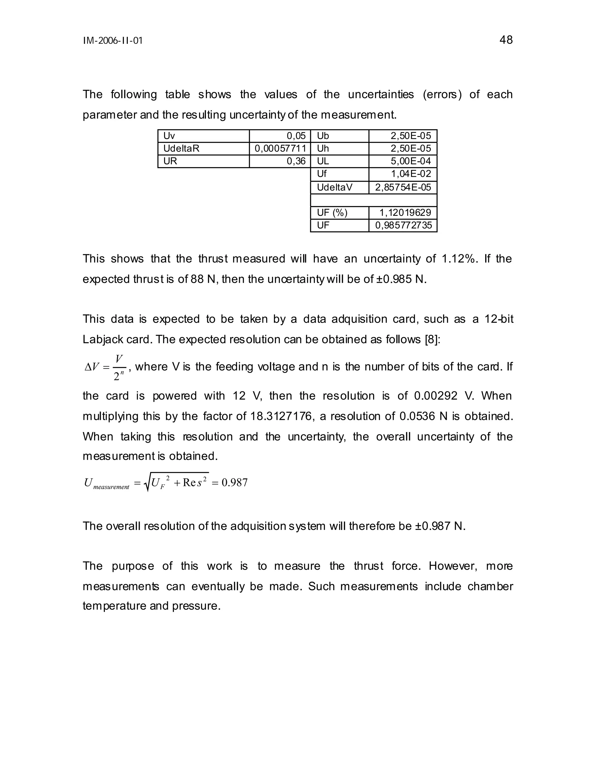 48

IM-2006-II-01

The following table shows the values of the uncertainties (errors) of each
parameter and the resulting uncertainty of the measurement.
Uv
UdeltaR
UR

0,05
0,00057711
0,36

Ub
Uh
UL
Uf
UdeltaV

2,50E-05
2,50E-05
5,00E-04
1,04E-02
2,85754E-05

UF (%)
UF

1,12019629
0,985772735

This shows that the thrust measured will have an uncertainty of 1.12%. If the
expected thrust is of 88 N, then the uncertainty will be of ±0.985 N.
This data is expected to be taken by a data adquisition card, such as a 12-bit
Labjack card. The expected resolution can be obtained as follows [8]:
∆V =

V
, where V is the feeding voltage and n is the number of bits of the card. If
2n

the card is powered with 12 V, then the resolution is of 0.00292 V. When
multiplying this by the factor of 18.3127176, a resolution of 0.0536 N is obtained.
When taking this resolution and the uncertainty, the overall uncertainty of the
measurement is obtained.
U measurement = U F + Re s 2 = 0.987
2

The overall resolution of the adquisition system will therefore be ±0.987 N.
The purpose of this work is to measure the thrust force. However, more
measurements can eventually be made. Such measurements include chamber
temperature and pressure.

 