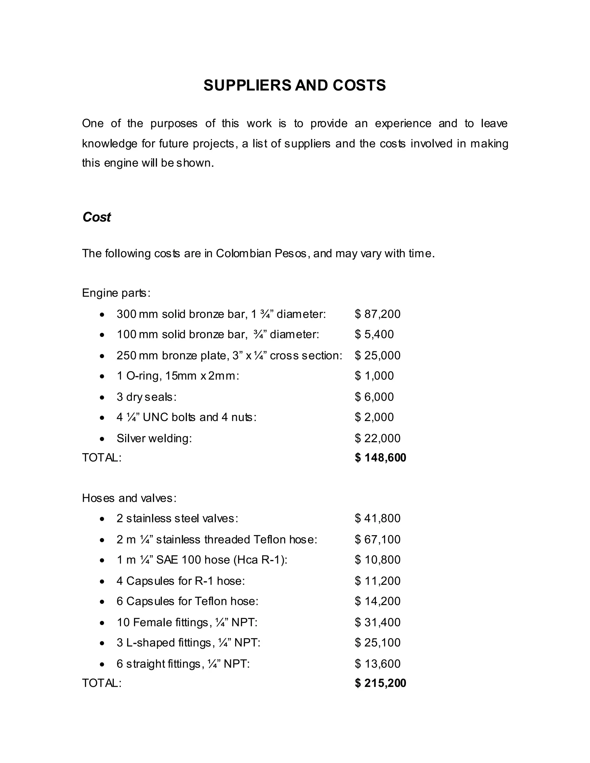 SUPPLIERS AND COSTS
One of the purposes of this work is to provide an experience and to leave
knowledge for future projects, a list of suppliers and the costs involved in making
this engine will be shown.

Cost
The following costs are in Colombian Pesos, and may vary with time.
Engine parts:
•

300 mm solid bronze bar, 1 ¾” diameter:

$ 87,200

•

100 mm solid bronze bar, ¾” diameter:

$ 5,400

•

250 mm bronze plate, 3” x ¼” cross section:

$ 25,000

•

1 O-ring, 15mm x 2mm:

$ 1,000

•

3 dry seals:

$ 6,000

•

4 ¼” UNC bolts and 4 nuts:

$ 2,000

•

Silver welding:

$ 22,000

TOTAL:

$ 148,600

Hoses and valves:
•

2 stainless steel valves:

$ 41,800

•

2 m ¼” stainless threaded Teflon hose:

$ 67,100

•

1 m ¼” SAE 100 hose (Hca R-1):

$ 10,800

•

4 Capsules for R-1 hose:

$ 11,200

•

6 Capsules for Teflon hose:

$ 14,200

•

10 Female fittings, ¼” NPT:

$ 31,400

•

3 L-shaped fittings, ¼” NPT:

$ 25,100

•

6 straight fittings, ¼” NPT:

$ 13,600

TOTAL:

$ 215,200

 