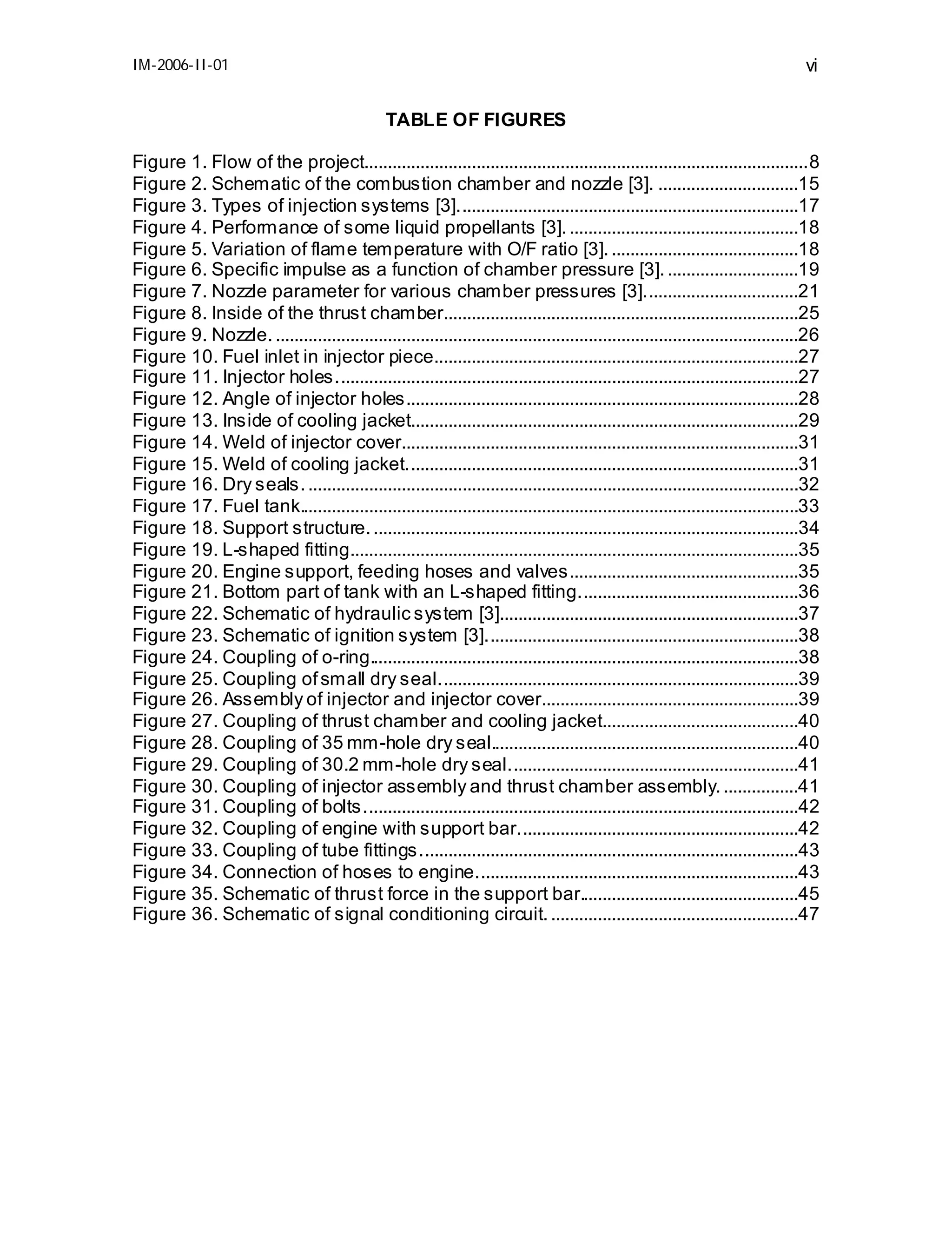 IM-2006-II-01

vi
TABLE OF FIGURES

Figure 1. Flow of the project...............................................................................................8
Figure 2. Schematic of the combustion chamber and nozzle [3]. ..............................15
Figure 3. Types of injection systems [3].........................................................................17
Figure 4. Performance of some liquid propellants [3]. .................................................18
Figure 5. Variation of flame temperature with O/F ratio [3]. ........................................18
Figure 6. Specific impulse as a function of chamber pressure [3]. ............................19
Figure 7. Nozzle parameter for various chamber pressures [3].................................21
Figure 8. Inside of the thrust chamber............................................................................25
Figure 9. Nozzle. ................................................................................................................26
Figure 10. Fuel inlet in injector piece..............................................................................27
Figure 11. Injector holes...................................................................................................27
Figure 12. Angle of injector holes....................................................................................28
Figure 13. Inside of cooling jacket...................................................................................29
Figure 14. Weld of injector cover.....................................................................................31
Figure 15. Weld of cooling jacket....................................................................................31
Figure 16. Dry seals. .........................................................................................................32
Figure 17. Fuel tank...........................................................................................................33
Figure 18. Support structure. ...........................................................................................34
Figure 19. L-shaped fitting................................................................................................35
Figure 20. Engine support, feeding hoses and valves.................................................35
Figure 21. Bottom part of tank with an L-shaped fitting...............................................36
Figure 22. Schematic of hydraulic system [3]................................................................37
Figure 23. Schematic of ignition system [3]...................................................................38
Figure 24. Coupling of o-ring............................................................................................38
Figure 25. Coupling of small dry seal.............................................................................39
Figure 26. Assembly of injector and injector cover.......................................................39
Figure 27. Coupling of thrust chamber and cooling jacket..........................................40
Figure 28. Coupling of 35 mm-hole dry seal..................................................................40
Figure 29. Coupling of 30.2 mm-hole dry seal..............................................................41
Figure 30. Coupling of injector assembly and thrust chamber assembly. ................41
Figure 31. Coupling of bolts.............................................................................................42
Figure 32. Coupling of engine with support bar............................................................42
Figure 33. Coupling of tube fittings.................................................................................43
Figure 34. Connection of hoses to engine.....................................................................43
Figure 35. Schematic of thrust force in the support bar...............................................45
Figure 36. Schematic of signal conditioning circuit. .....................................................47

 