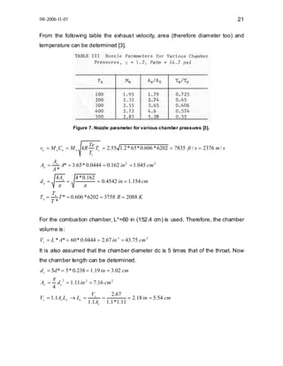 IM-2006-II-01

21

From the following table the exhaust velocity, area (therefore diameter too) and
temperature can be determined [3].

Figure 7. Nozzle parameter for various chamber pressures [3].

ve = M e Ce = M e kR

Te
Tc = 2.55 1.2 * 65 * 0.606 * 6202 = 7835 ft / s = 2376 m / s
Tc

Ae
A* = 3.65 * 0.0444 = 0.162 in 2 = 1.045 cm 2
A*
4 Ae
4 * 0.162
de =
=
= 0.4542 in = 1.154 cm
Ae =

π

Te =

π

Te
T * = 0.606 * 6202 = 3758 R = 2088 K
T*

For the combustion chamber, L*=60 in (152.4 cm) is used. Therefore, the chamber
volume is:
Vc = L * A* = 60 * 0.0444 = 2.67 in 3 = 43.75 cm 3
It is also assumed that the chamber diameter dc is 5 times that of the throat. Now
the chamber length can be determined.
d c = 5d * = 5 * 0.238 = 1.19 in = 3.02 cm
Ac =

π
4

d c = 1.11 in 2 = 7.16 cm 2
2

Vc = 1.1Ac Lc → Lc =

Vc
2.67
=
= 2.18 in = 5.54 cm
1.1Ac 1.1 *1.11

 