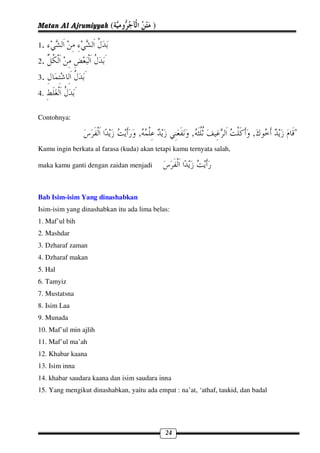 Matan Al Ajrumiyyah (                   )

1.

2.

3.

4.


Contohnya:

                                   ,                  ,                    ,        "
Kamu ingin berkata al farasa (kuda) akan tetapi kamu ternyata salah,

maka kamu ganti dengan zaidan menjadi



Bab Isim-isim Yang dinashabkan
Isim-isim yang dinashabkan itu ada lima belas:
1. Maf’ul bih
2. Mashdar
3. Dzharaf zaman
4. Dzharaf makan
5. Hal
6. Tamyiz
7. Mustatsna
8. Isim Laa
9. Munada
10. Maf’ul min ajlih
11. Maf’ul ma’ah
12. Khabar kaana
13. Isim inna
14. khabar saudara kaana dan isim saudara inna
15. Yang mengikut dinashabkan, yaitu ada empat : na’at, ‘athaf, taukid, dan badal




                                             24
 