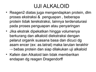 UJI ALKALOID
• Reagen2 diatas juga mengendapkan protein, dlm
proses ekstraksi & penguapan , beberapa
protein tidak terekstraksi, lainnya terdenaturasi
pada proses penguapan atau penyaringan
• Jika ekstrak dipekatkan hingga volumenya
berkurang dan alkaloid diekstraksi dengan
pelarut organik suasana basa dan dicuci dg
asam encer (ex: as.tatrat) maka larutan terakhir
 bebas protein dan siap dilakukan uji alkaloid
• Kafein dan Alkaloid lain tidak memberikan
endapan dg reagen Dragendorff
 