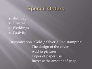 Marketing PlanFacebookFanpageBannerPamphletAdvertising – Magazine                           - Newspaper                           - WebsitesHave contact with – Religious people                                      - Owner of Bookshops                                      - Principal of schools 