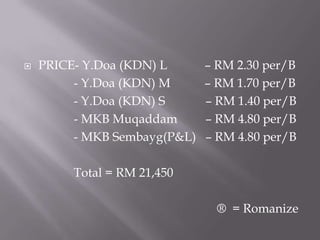 Marketing SupportCost of banner                     = RM 99 X 50Cost of web design             = RM 2000      Sub Total = RM 6,950              Total = RM 28,400