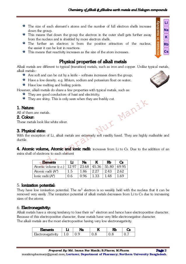 chemistry of alkali and alkaline earth metals and halogen compounds m alkali metals react violently with water to form metal ions hydroxide ions and what substance