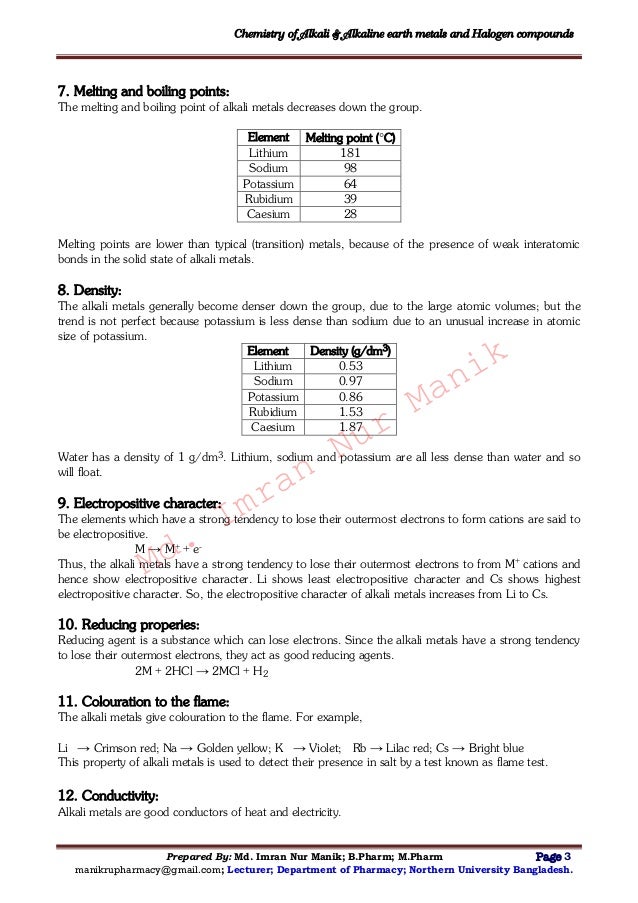chemistry of alkali and alkaline earth metals and halogen compounds m alkali metals react violently with water to form metal ions hydroxide ions and what substance