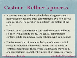 Castner - Kellner’s process
It consists mercury cathode cell which is a large rectangular
iron vessel divided into three compartments by a non-porous
slate partition. The partition do not touch the bottom of the
cell.
The two outer compartments contain the concentrated brine
solution with graphite anode. The central compartment
contains dilute sodium hydroxide solution with iron cathode.
The bottom of the cell contains the layer of mercury, which
serves as cathode in outer compartments and as anode in
central compartment. The mercury is allowed to move from
one compartment to another by means of an eccentric wheels.
28
Dr. Damodar Koirala koirala2059@gmail.com
 