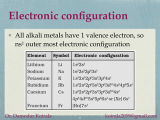 Electronic configuration
All alkali metals have 1 valence electron, so
ns1 outer most electronic configuration
8
Dr. Damodar Koirala koirala2059@gmail.com
 
