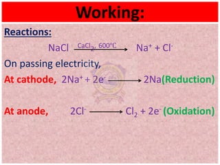 Working:
Reactions:
NaCl CaCl2, 600℃ Na+ + Cl-
On passing electricity,
At cathode, 2Na+ + 2e- 2Na(Reduction)
At anode, 2Cl- Cl2 + 2e- (Oxidation)
 