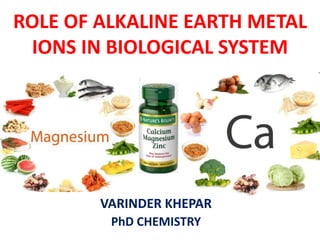 ROLE OF ALKALINE EARTH METAL
IONS IN BIOLOGICAL SYSTEM
VARINDER KHEPAR
PhD CHEMISTRY
 