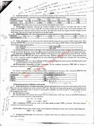 ,1
~ . 3. Formation of hydroxides: .The hydroxides of alkaline earth metals are obtained by the reaction of the melals or
; their oxides witli water. ·
( '•
-c '/ c-e~i(~(, 16
(b) Peroxides: The peroxides Of these metals can be obtained on heating the normal oxides with 02 al high temperature.
2Ba0 + 02 4 2Ba02
Be and Mg don· t give any colour lo the name. This is because the atoms arc smaller and hence their electrons arc more. . 11' I
strongly attracted by the nucleus, Hence these electrons are not excited to 'the higher energy levels by the energy of the flame.
10. Distortion I J>olllrising power of M~' cations: In this group the ionic radius increases from Be to Ba. Whereas
(~ ~~ ~'IT ~ <A1) the ionic charge remains the same. Therefore. polarizing power of M2' cations decreases from
Re2' to Ra2•• In general, smaller ionspnlarise the ions 1;nore effectively than the bigger ones. Therefore. Be2' has a tendency __,,,,~
to form covalent compounds. · / :'• · · -. . . . · ··~v,. · . .
11. Conductlvitjt: Since two valence el~ctrohs are tree to rti~v~;throughout the metal structure. the alkaline earth metals •
are good conductors .of heat and electricity. .I ~·. !
.J)l?l)ecomposition temperature of their carbonatesr All(the carbonates decompose (~ ~'8ll1) on heating at
appropriate temperature. evolvingJ!S~<>tfu ~~) C02• ..
. . M~.:~ ~ C02 + MO;,..
The stability of the-carbonates of these metals increases 011 hioving down the group. This is illustrated (~ ~ <rn~rn
~) by the values of the decomposition temperatures of lilese tlath-~R~te.~ as given below: · . . _
Com ounds :;.,... Decom '69 tlen tern eratures °C)
Sr - Crimson Ra;-;,Red
y9. Flam~ colouration: In the name taste their electrons absorb energy and are excited to higher energy levels. When
reverting (-l:1i!ill<li<i wm) to lower levels, they give out extra energy which appears(~ ~'3ll1) as visible light(~ '5!Wil)
characteristic colours as shown helow: , ! , ...
Ca · Brick red Ba - A
•
i·
L
'
t
l
Chemical properties of alkaline earth metals
<V ~·. Reducing properties: Ox,id~tion ~o~entials: 1!k.aline eart,h met.als have two elect1.'ons in their valenc:·shell. Due to
(bib/large size they are comparatively easily oxidised to M ions. Thus. they are strong reducing agent. On moving down. the
/ -'oxidation potentials increase due lo increase in eleclropositive characlei·. since the strength as a reducing agent increases
.s'-downwj)-rd;:Jrom Be lo Ba. -i rioit~ OJI
~ ¥Aornrntion of oxides re~ d ,) -e: 02- ~ .
; ' (n) Normal oxides: The alkaline earth metals<[;mn. the horH1al dxides of MO type which are obtained y heating'thc
;}' ~ metal in 02 or by their carbonates at high temperature.
_i;.) ~ ~ tJ.
. ~ ~ jJ Ca + 02 ----=---7 Cao
' 9 <' CaCO.i -~ Cao + C02 t ,..
~
1
~ BeO is amphoteric (~'!~) and the oxides of the other metals are basic (~) in character. Their basic character
s ~ ~ increases on moving down the group.
~ l T
~ !~
Question: Why alkali metals are more electropositive than alkaline earth metals? ~ ~
7.. Electrnposhlve character: Although the ionisation energies of these clements are higher than those or alkali
metals. yet (>!l~ <>fl.Ri) it is more easy to make M2' ion of these metals than the alkali metals. These metals. therefore. 'how
strong electropositive character which increases Irom Be to Ba. Sitice these metals have higher ionisation energies than the
alkali metals. these are not strongly electropositive as the alkali metals.
8. e ativities: The values of electrone rativit of these elements arc low r111d decrease from Be to Ba.
ra 11 from Be 1(1 a. owever, both these values or a ares 1g 11 y igner t ant ose o a.
Elements Be Mg ' Ca Sr Ba Ra'
Ionisation energies I I, 900 I g.30 737 I Y·hn 690 I fi·lO 550 I 5•.Yo 502 / 5·20 509
(KJ/mole) (~'Ii') I 12 t757 I 1450 I 1145 I 1065 I 965 I 980
6.
d..
Md.
Imran
Nur
Manik
Page 2 of 5
 