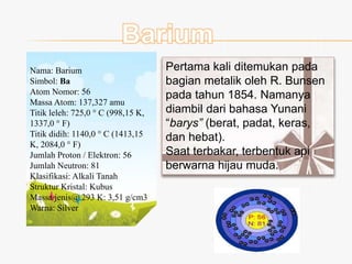 Nama: Barium
Simbol: Ba
Atom Nomor: 56
Massa Atom: 137,327 amu
Titik leleh: 725,0 ° C (998,15 K,
1337,0 ° F)
Titik didih: 1140,0 ° C (1413,15
K, 2084,0 ° F)
Jumlah Proton / Elektron: 56
Jumlah Neutron: 81
Klasifikasi: Alkali Tanah
Struktur Kristal: Kubus
Massa jenis@ 293 K: 3,51 g/cm3
Warna: Silver
Pertama kali ditemukan pada
bagian metalik oleh R. Bunsen
pada tahun 1854. Namanya
diambil dari bahasa Yunani
“barys” (berat, padat, keras,
dan hebat).
Saat terbakar, terbentuk api
berwarna hijau muda.
 