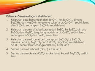 Kelarutan Senyawa logam alkali tanah:
1. Kelarutan basa bertambah dari Be(OH)2 ke Ba(OH)2, dimana
Be(OH)2 dan Mg(OH)2 tergolong sukar larut, Ca(OH)2 sedikit larut
dan Sr(OH)2 sedangkan Ba(OH)2 mudah larut.
2. Kelarutan garam sulfat berkurang dari BeSO4 ke BaSO4, dimana
BeSO4 dan MgSO4 tergolong mudah larut, CaSO4 sedikit larut,
sedangkan SrSO4 dan BaSO4 sukar larut.
3. Kelarutan garam kromat berkurang dari BeCrO4 ke BaCrO4,
dimana BeCrO4, MgCrO4 dan CaCrO4 tergolong mudah larut,
SrCrO4 sedikit larut sedangkanBaCrO4 sukar larut
4. Semua garam karbonat (CO3
2-) sukar larut
5. Semua garam oksalat (C2O4
2-) sukar larut, kecuali MgC2O4 sedikit
larut
 