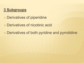 3 Subgroups
 Derivatives of piperidine
 Derivatives of nicotinic acid
 Derivatives of both pyridine and pyrrolidine
 