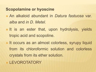 Scopolamine or hyoscine
 An alkaloid abundant in Datura fastuosa var.
alba and in D. Metel.
 It is an ester that, upon hydrolysis, yields
tropic acid and scopoline.
 It occurs as an almost colorless, syrupy liquid
from its chloroformic solution and colorless
crystals from its ether solution.
 LEVOROTATORY
 