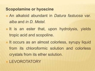 Scopolamine or hyoscine
   An alkaloid abundant in Datura fastuosa var.
    alba and in D. Metel.
   It is an ester that, upon hydrolysis, yields
    tropic acid and scopoline.
   It occurs as an almost colorless, syrupy liquid
    from its chloroformic solution and colorless
    crystals from its ether solution.
   LEVOROTATORY
 