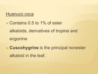 Huanuco coca

   Contains 0.5 to 1% of ester
    alkaloids, derivatives of tropine and
    ecgonine

   Cuscohygrine is the principal nonester
    alkaloid in the leaf.
 