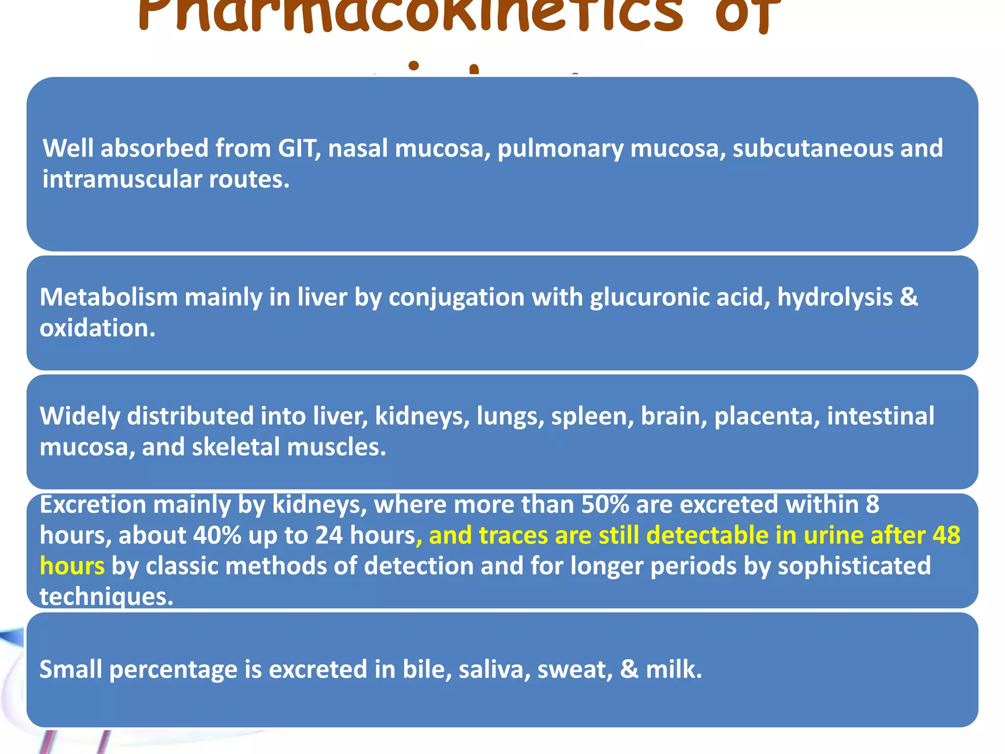 A group of chemically synthesized drugs, which
are remote in chemical structure from that of
opium but have similar pharmacologic effect.
Examples:
• Pethidine (Meperidine): potent analgesic
usually used as postoperative analgesic and for
labor pain.
• Methadone: potent analgesic usually used to
antagonize withdrawal manifestations during
treatment of heroin and morphine
dependence.
 