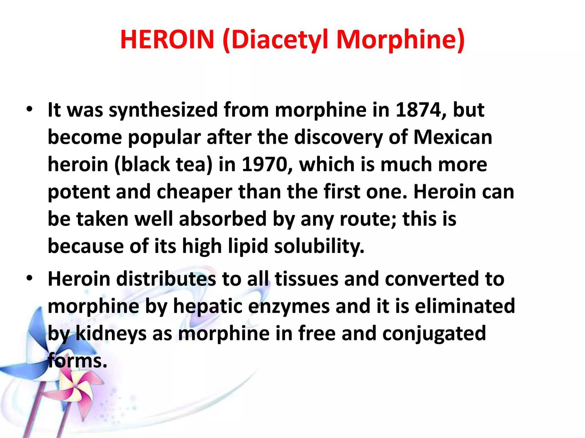 • Antidote: Naloxone IV in doses 0.2-4 mg, then
observe for positive response (changes in
respiratory rate & level of consciousness, and size
of pupils). If the response is delayed give more
Naloxone (up to 10 mg) until positive response
occurs.
• Naloxone plasma half-life (t½) is 30 – 80 minutes
but its effect after IV bolus may last for 10 minutes
only and relapse occurs, so, give repeated doses at
frequent intervals as required.
• Some cases may need IV infusion & NaHCO3
similar to effects in Tricyclic.
 