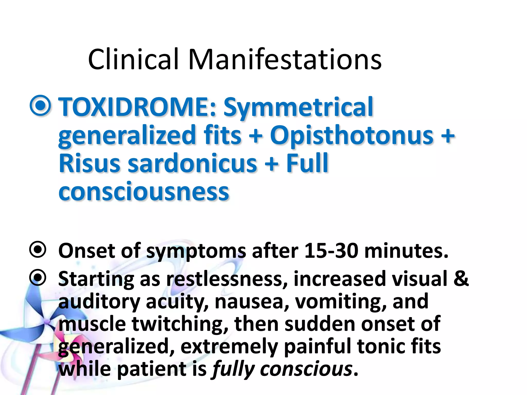 • Absorption through GIT & nasal mucosa.
• After absorption, about half of the dose is
distributed in all tissues in about 5 min.
• Metabolized in the liver.
• 5-20% of dose excreted unchanged in urine
within 24 hrs.
• Action: causes stimulation of the spinal cord,
brainstem, & thalamus by competitive
inhibition of postsynaptic glycine receptors,
which is an inhibitory neurotransmitter in the
spinal cord.
 