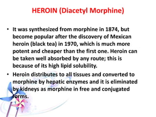 • Antidote: Naloxone IV in doses 0.2-4 mg, then
observe for positive response (changes in
respiratory rate & level of consciousness, and size
of pupils). If the response is delayed give more
Naloxone (up to 10 mg) until positive response
occurs.
• Naloxone plasma half-life (t½) is 30 – 80 minutes
but its effect after IV bolus may last for 10 minutes
only and relapse occurs, so, give repeated doses at
frequent intervals as required.
• Some cases may need IV infusion & NaHCO3
similar to effects in Tricyclic.
 