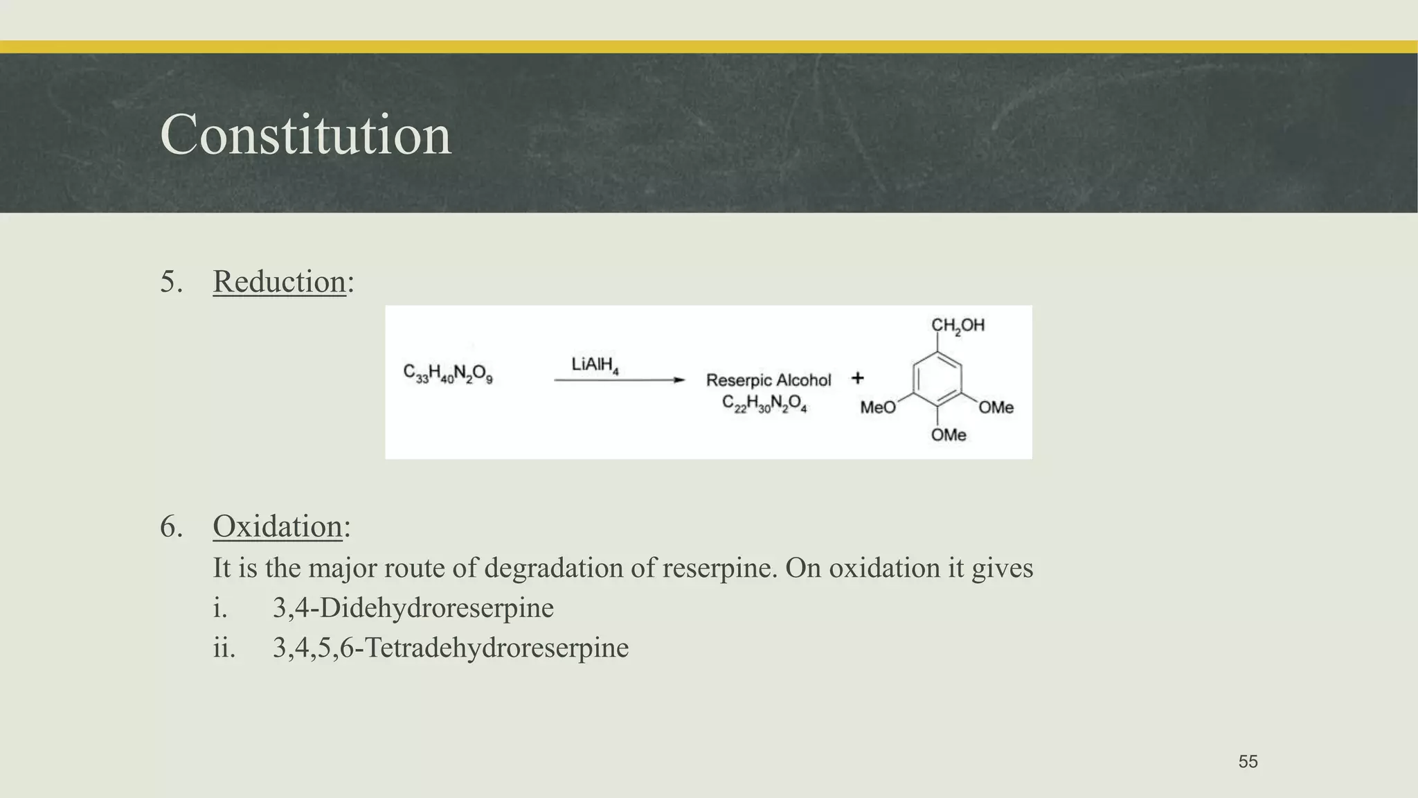 Constitution
5. Reduction:
6. Oxidation:
It is the major route of degradation of reserpine. On oxidation it gives
i. 3,4-Didehydroreserpine
ii. 3,4,5,6-Tetradehydroreserpine
55
 
