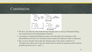 Constitution
 We have seen that the side chain having nitrogen atom is always eliminated during
the aromatization of the phenanthrene nucleus.
 According to Gulland and Robinson, there can't take place the formation of the
phenanthrene derivative for structural reasons unless the ethamine chain is displaced.
 But we have already shown that the nitrogen end of side chain is linked to C9.
Therefore the carbon end of the side chain must be located at angular position and the
possible positions are C13 and C14.
46
 
