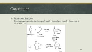 Constitution
10. Synthesis of Reserpine
The structure of reserpine has been confirmed by its synthesis given by Woodward et.
Al., (1956, 1958)
68
 