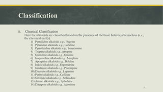 Classification
ii. Chemical Classification
Here the alkaloids are classified based on the presence of the basic heterocyclic nucleus (i.e.,
the chemical entity).
1) Pyrrolidine alkaloids e.g., Hygrine
2) Piperidine alkaloids e.g., Lobeline
3) Pyrrolizidine alkaloids e.g., Senecionine
4) Tropane alkaloids e.g., Atropine
5) Quinoline alkaloids e.g., Quinine
6) Isoquinoline alkaloids e.g., Morphine
7) Aporphine alkaloids e.g., Boldine
8) Indole alkaloids e.g., Ergometrine
9) Imidazole alkaloids e.g., Pilocarpine
10) Diazocin alkaloids e.g., Lupanine
11) Purine alkaloids e.g., Caffeine
12) Steroidal alkaloids e.g., Solanidine
13) Amino alkaloids e.g., Ephedrine
14) Diterpene alkaloids e.g., Aconitine
7
 