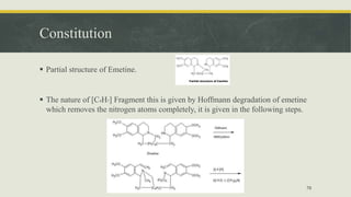 Constitution
 Partial structure of Emetine.
 The nature of [C4H7] Fragment this is given by Hoffmann degradation of emetine
which removes the nitrogen atoms completely, it is given in the following steps.
76
 
