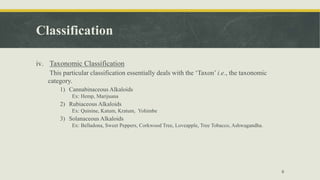 Classification
iv. Taxonomic Classification
This particular classification essentially deals with the ‘Taxon’ i.e., the taxonomic
category.
1) Cannabinaceous Alkaloids
Ex: Hemp, Marijuana
2) Rubiaceous Alkaloids
Ex: Quinine, Katum, Kratum, Yohimbe
3) Solanaceous Alkaloids
Ex: Belladona, Sweet Peppers, Corkwood Tree, Loveapple, Tree Tobacco, Ashwagandha.
9
 