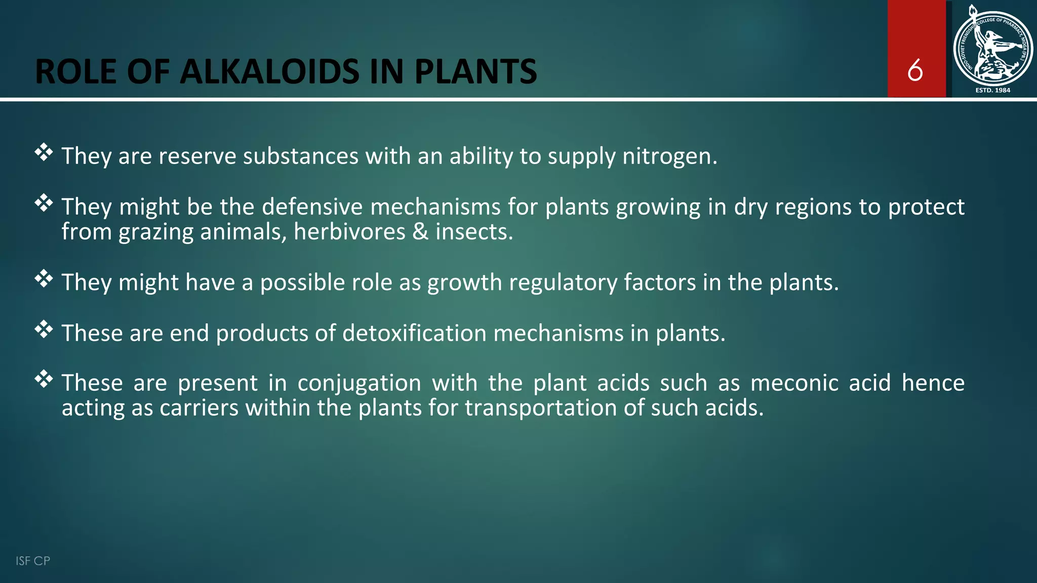 6ROLE OF ALKALOIDS IN PLANTS
 They are reserve substances with an ability to supply nitrogen.
 They might be the defensive mechanisms for plants growing in dry regions to protect
from grazing animals, herbivores & insects.
 They might have a possible role as growth regulatory factors in the plants.
 These are end products of detoxification mechanisms in plants.
 These are present in conjugation with the plant acids such as meconic acid hence
acting as carriers within the plants for transportation of such acids.
 