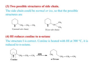 (3) Two possible structures of side chain.
The side chain could be normal or iso, so that the possible
structures are
(4) HI reduces coniine to n-octane
The structure I is correct. Coniine is heated with HI at 300 °C, it is
reduced to n-octane.
 
