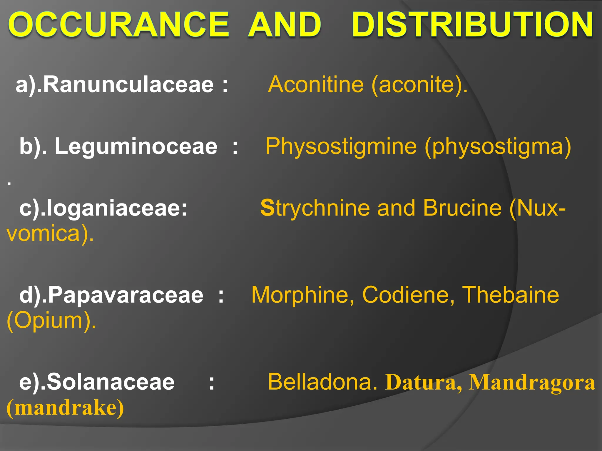 a).Ranunculaceae : Aconitine (aconite).
b). Leguminoceae : Physostigmine (physostigma)
.
c).loganiaceae: Strychnine and Brucine (Nux-
vomica).
d).Papavaraceae : Morphine, Codiene, Thebaine
(Opium).
e).Solanaceae : Belladona. Datura, Mandragora
(mandrake)
 