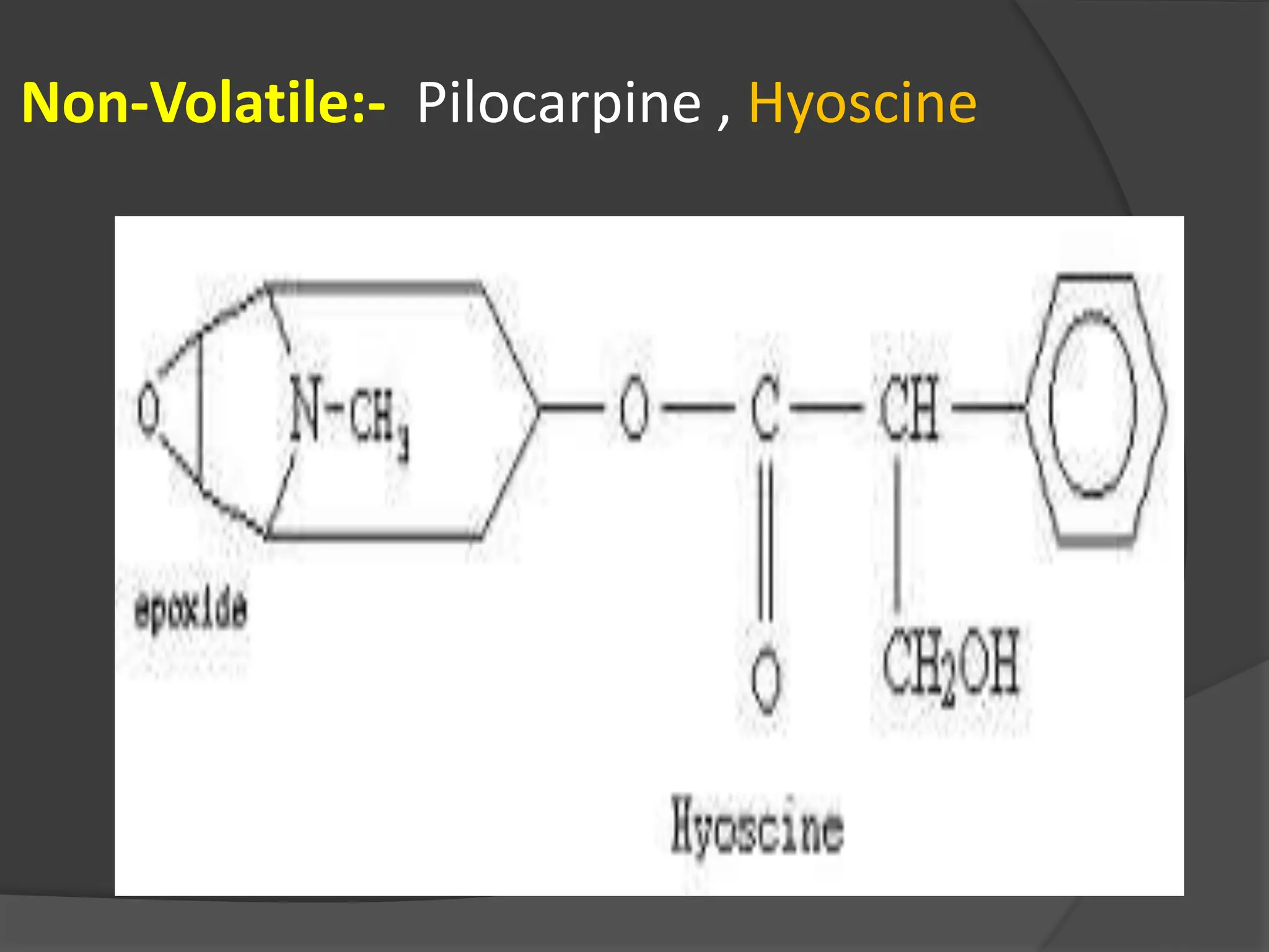 Non-Volatile:- Pilocarpine , Hyoscine
 