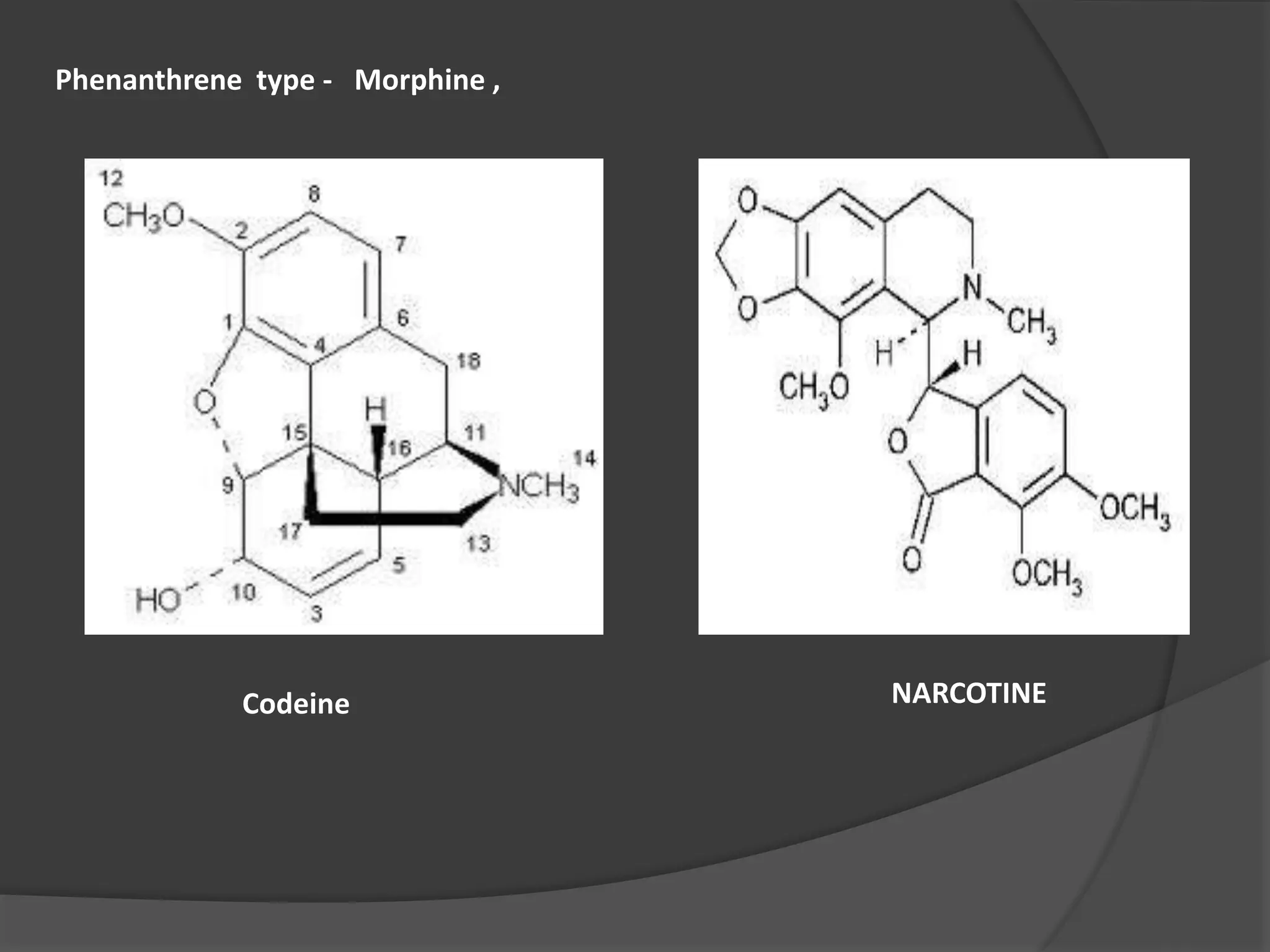 Phenanthrene type - Morphine ,
Codeine NARCOTINE
 