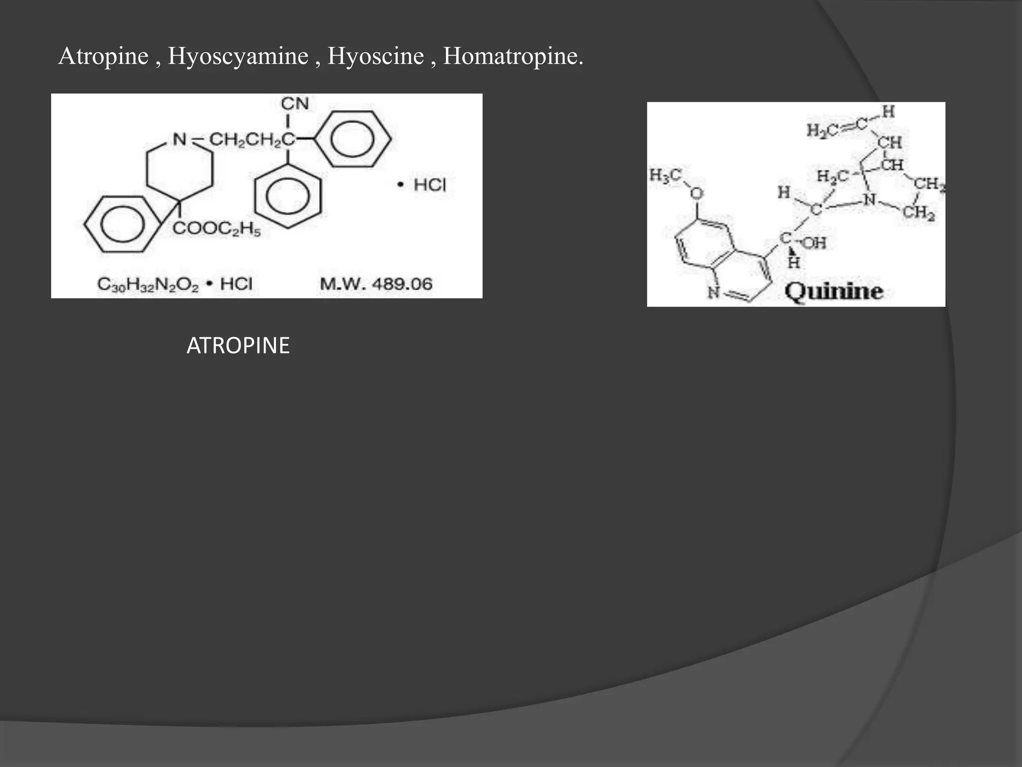 Atropine , Hyoscyamine , Hyoscine , Homatropine.
ATROPINE
 