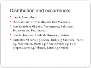 Distribution and occurrence:
 Rare in lower plants.
 Dicots are more rich in alkaloids than Monocots.
 Families rich inAlkaloids:Apocynaceae, Rubiaceae,
Solanaceae and Papaveracea.
 Families free from Alkaloids: Rosaceae, Labiatae
 Examples:All Parts e.g. Datura, Barks e.g. Cinchona, Seeds
e.g. Nux vomica, Roots e.g.Aconite, Fruits e.g. Black
pepper, Leaves e.g.Tobacco, Latex e.g. Opium
 