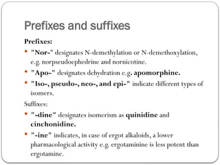 Prefixes and suffixes
Prefixes:
 "Nor-" designates N-demethylation or N-demethoxylation,
e.g. norpseudoephedrine and nornicotine.
 "Apo-" designates dehydration e.g. apomorphine.
 "Iso-, pseudo-, neo-, and epi-" indicate different types of
isomers.
Suffixes:
 "-dine" designates isomerism as quinidine and
cinchonidine.
 "-ine" indicates, in case of ergot alkaloids, a lower
pharmacological activity e.g. ergotaminine is less potent than
ergotamine.
 