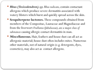  Rhus (Toxicodendron) spp.Rhus radicans,contain contactant
allergens which produce severe dermatitis associated with
watery blisters which burst and quickly spread across the skin.
 Sesquiterpene lactones. These compounds obtained from
members of the Compositae, Lauraceae and Magnoliaceae and
from the liverwort Frullania (Jubulaceae),are a major class of
substances causing allergic contact dermatitis in man.
 Miscellaneous. Hair, feathers and house dust can all act as
allergenic material; house dust often includes mites. Numerous
other materials, not of natural origin (e.g. detergents, dyes,
cosmetics), may also act as contact allergens.
 