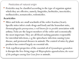 Pesticides of natural origin
 Pesticides may be classified according to the type of organism against
which they are effective, namely, fungicides, herbicides, insecticides,
molluscicides, nematocides, rodenticides.
Acaricides
 Mites and ticks are small arachnids of the order Acarina (Acari).
Specific mites infest crude drugs and food) and the housedust mite,
Dermatophagoides pteronyssinus,is well known for its possible association with
asthma.Ticks are the largest members of the order and economically
the most important.They are all blood-sucking parasites responsible
for microbial infections, e.g the spirochaete infection causing Lyme
disease, and protozoal diseases in animals.The control of mites by plant
products has centred largely on essential oils.
 Tick-repellent properties of the essential oil of Gynandropsis gynandron
it disrupts the free-living stages of Rhipicephalus appendiculatus,the vector
of the pathogen causing East Coast fever in animals.
 